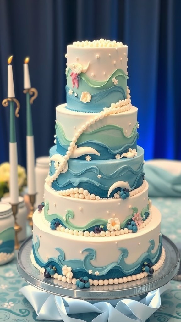 35 Magical Mermaid Party Ideas for an Under-the-Sea Celebration A multi-tiered mermaid-themed cake decorated with ocean waves, pearls, and a mermaid figure.