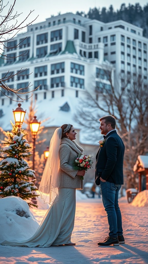 35 Enchanting Ideas for a Magical Winter Wedding A couple smiling at each other during a winter wedding, surrounded by snow and festive decorations.