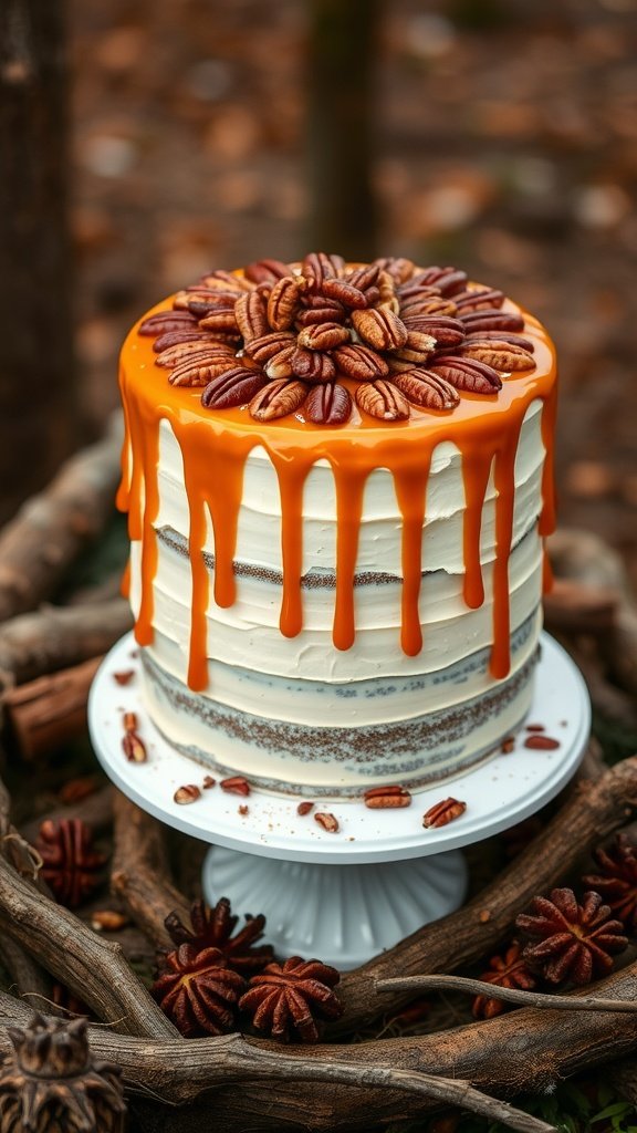 35 Enchanting Forest Wedding Cake Recipes for Your Dream Celebration A beautifully layered Maple Pecan Cake topped with caramel drizzle and pecans, perfect for a forest wedding.