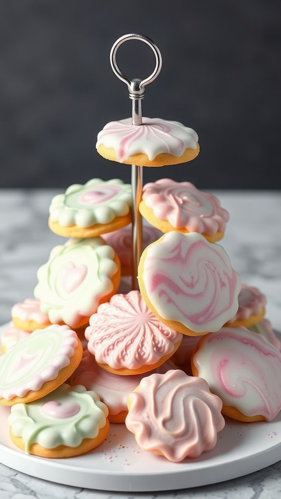 25 Delightful Easter Tea Party Cookies to Impress Your Guests A close-up view of beautifully decorated marbled royal icing cookies on a tiered stand, showcasing pastel colors and intricate designs.