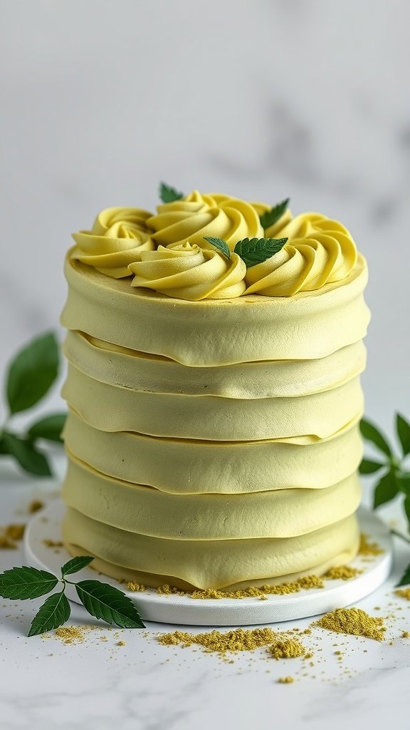 25 Irresistible Valentine’s Day Cake Ideas to Sweeten Your Celebration A beautifully layered matcha green tea cake decorated with yellow frosting rosettes and mint leaves