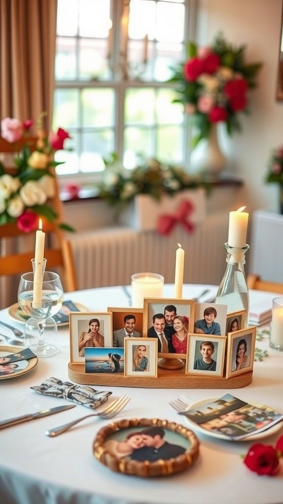 25 Stunning Valentines Table Decor Ideas That Will Make Your Dinner an Unforgettable Romance! A romantic Valentine's Day table setting with photo displays and flowers.