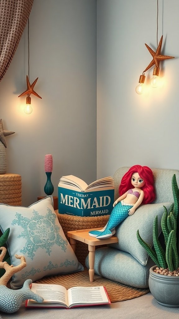 35 Magical Mermaid Party Ideas for an Under-the-Sea Celebration Cozy mermaid-inspired reading corner with a doll, a book titled 'Mermaid', soft lighting, and decorative elements.