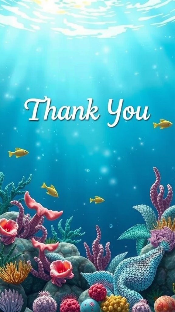 25 Enchanting Ideas for the Ultimate Mermaid-Themed Kids Party Underwater scene with colorful corals and fish, featuring the text 'Thank You'