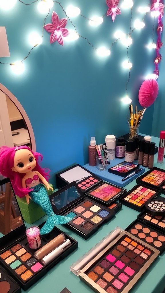 35 Magical Mermaid Party Ideas for an Under-the-Sea Celebration A colorful makeup station for a mermaid party featuring a doll with pink hair, various makeup products, and a bright blue backdrop.