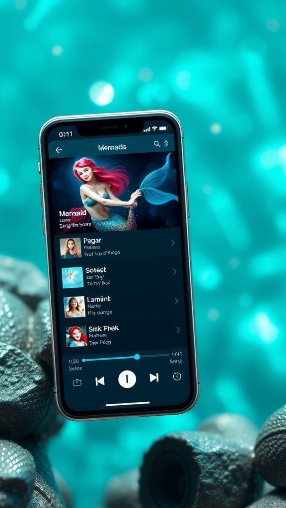 25 Enchanting Ideas for the Ultimate Mermaid-Themed Kids Party A phone displaying a mermaid-themed music playlist in an underwater setting