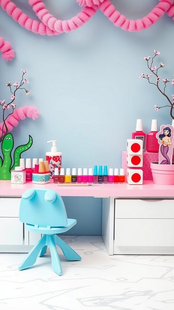 25 Enchanting Ideas for the Ultimate Mermaid-Themed Kids Party A colorful nail art station with various nail polish colors, a blue chair, and playful decorations for a mermaid-themed kids' party.