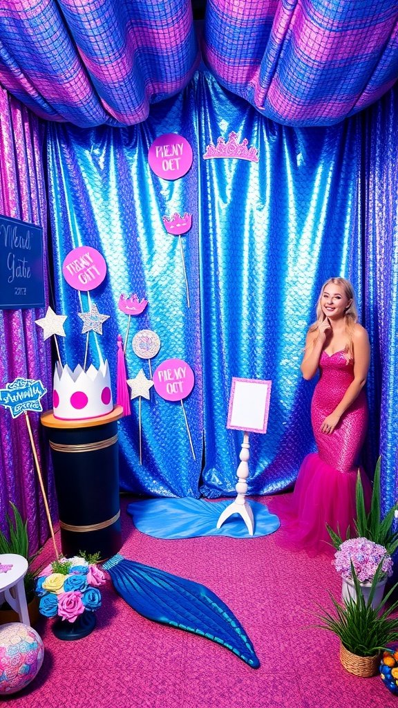 25 Stunning Mermaid Party Decoration Ideas for an Underwater Adventure A colorful mermaid-themed photo booth with shimmering backdrops, props, and a guest in a pink mermaid dress.