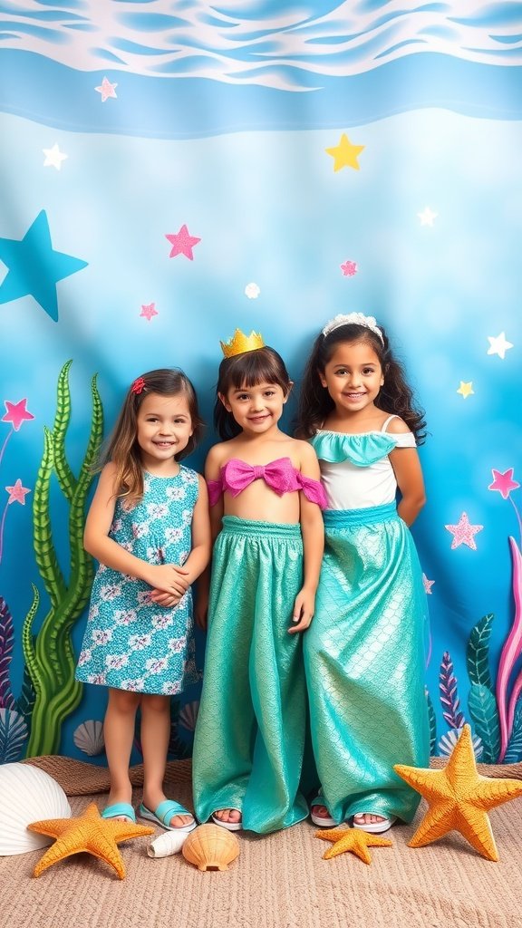 35 Magical Mermaid Party Ideas for an Under-the-Sea Celebration Three girls in mermaid-themed outfits posing in front of an underwater backdrop at a photo booth