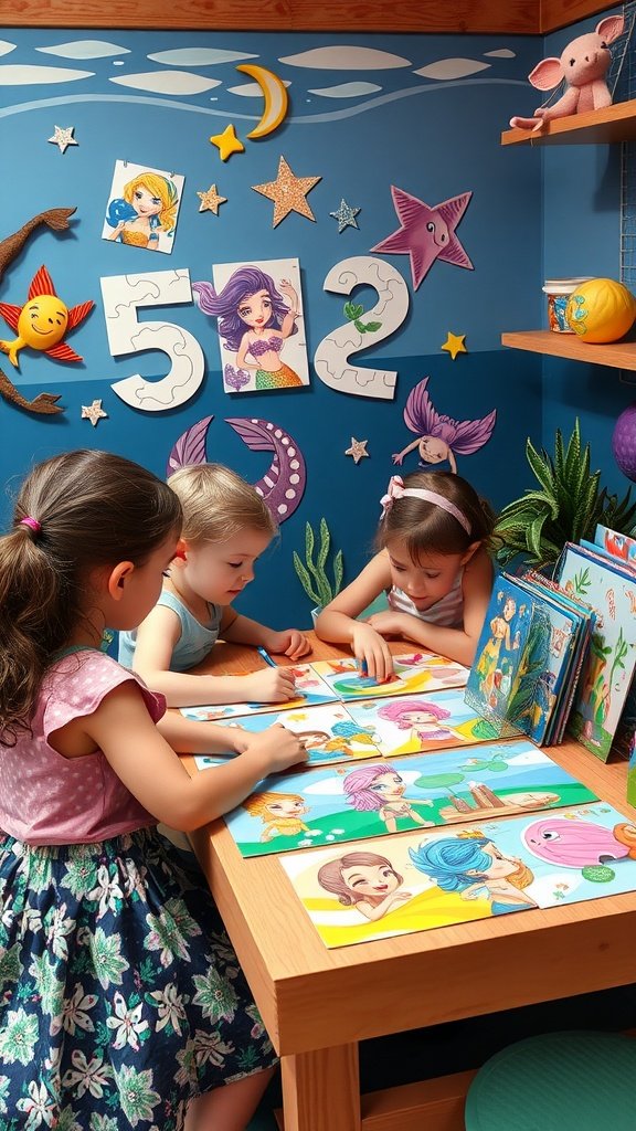 35 Magical Mermaid Party Ideas for an Under-the-Sea Celebration Children engaged in coloring mermaid-themed puzzles and crafts at a party.