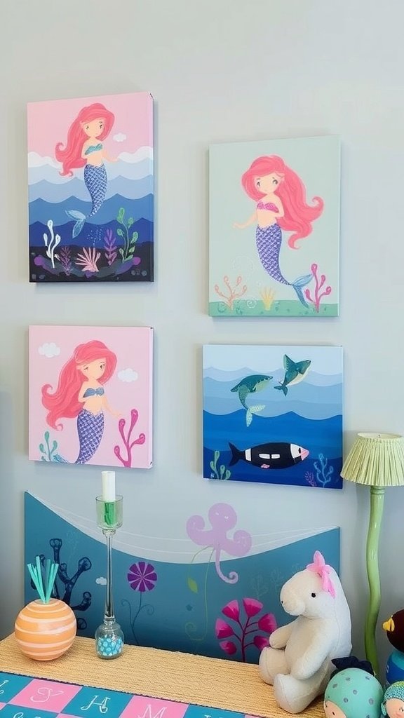 25 Stunning Mermaid Party Decoration Ideas for an Underwater Adventure A wall decorated with mermaid-themed art, featuring a mermaid, colorful fish, stars, and sea plants.
