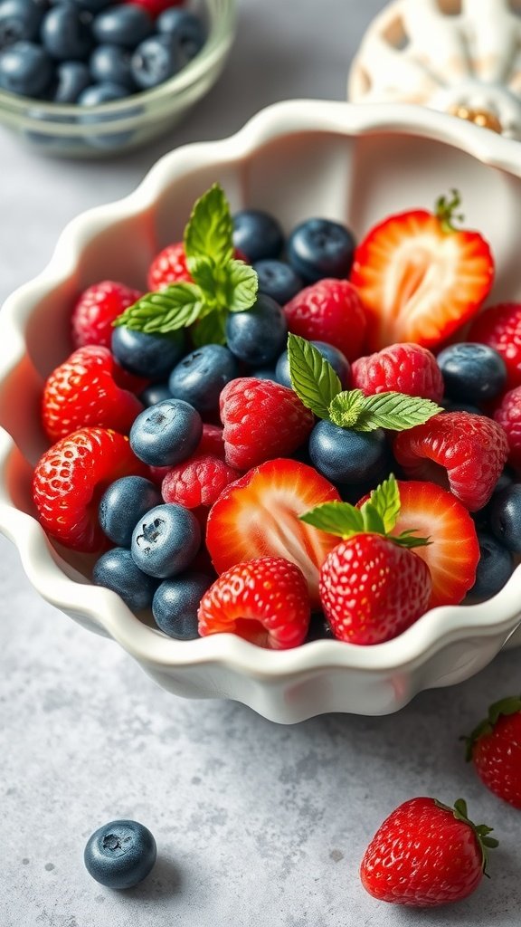 25 Creative Mermaid-Inspired Party Food Ideas A vibrant bowl of mixed berries including strawberries, blueberries, and raspberries garnished with mint leaves.