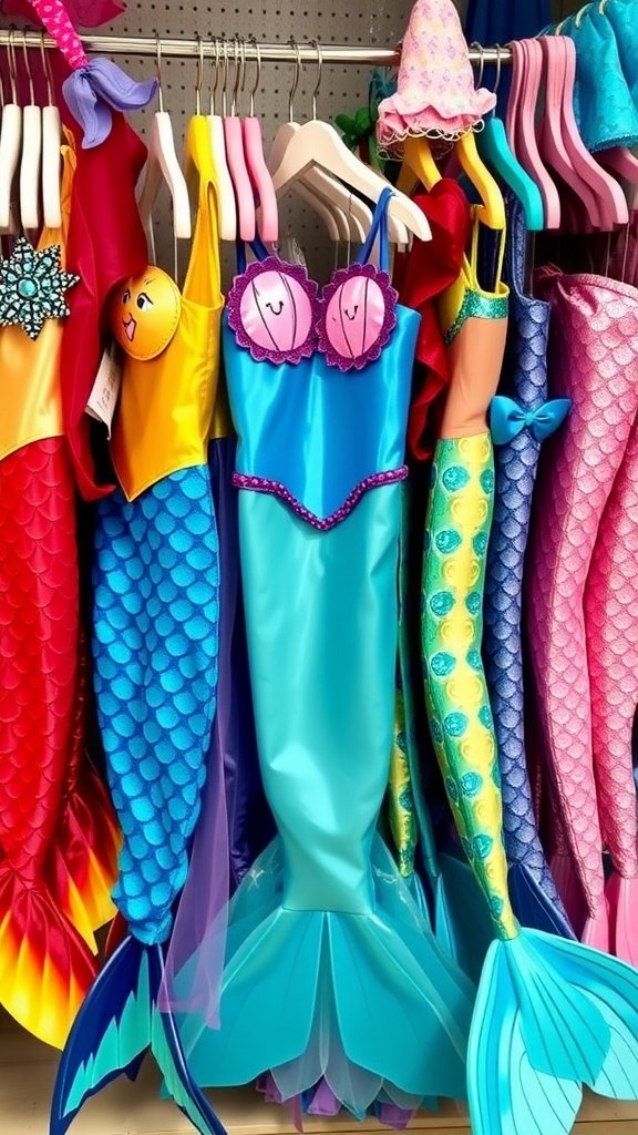 25 Enchanting Ideas for the Ultimate Mermaid-Themed Kids Party Colorful mermaid costumes hanging on display