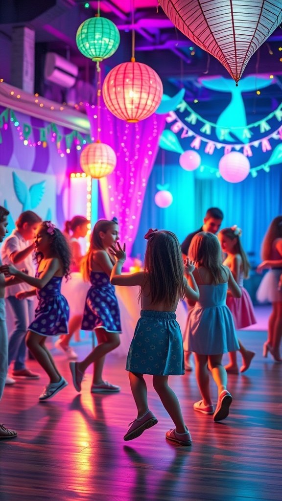 25 Enchanting Ideas for the Ultimate Mermaid-Themed Kids Party A vibrant mermaid dance party for kids with colorful decorations and children dancing joyfully.