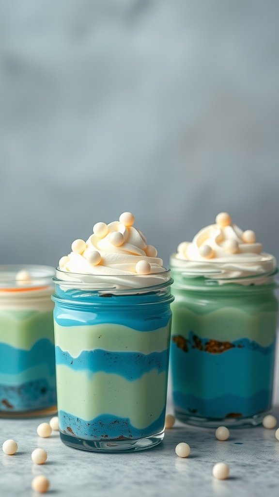 25 Creative Mermaid-Inspired Party Food Ideas Colorful layered pudding in jars representing a mermaid theme. Mermaid party food