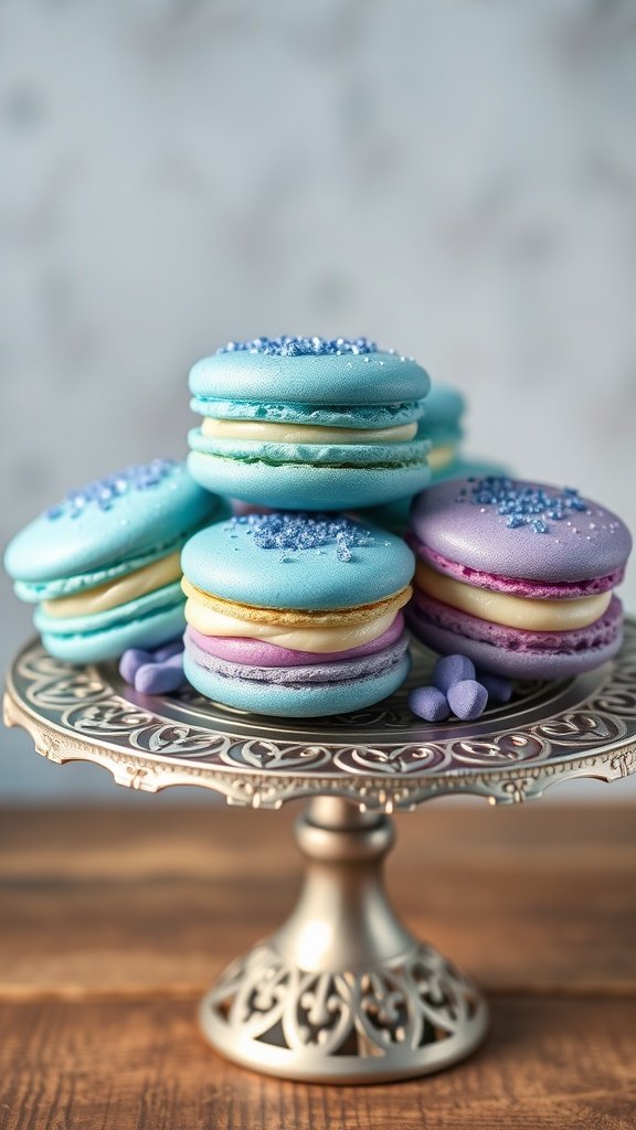 25 Creative Mermaid-Inspired Party Food Ideas Colorful mermaid macarons stacked on a decorative stand