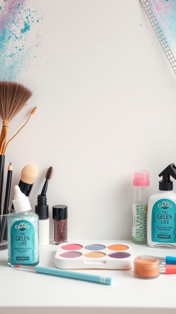 25 Enchanting Ideas for the Ultimate Mermaid-Themed Kids Party A colorful makeup station with brushes, makeup palettes, and glitter for kids to use at a mermaid party.