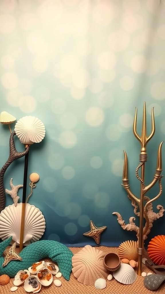 25 Enchanting Ideas for the Ultimate Mermaid-Themed Kids Party A whimsical mermaid-themed photo booth with a blue backdrop, seashells, and a golden trident.