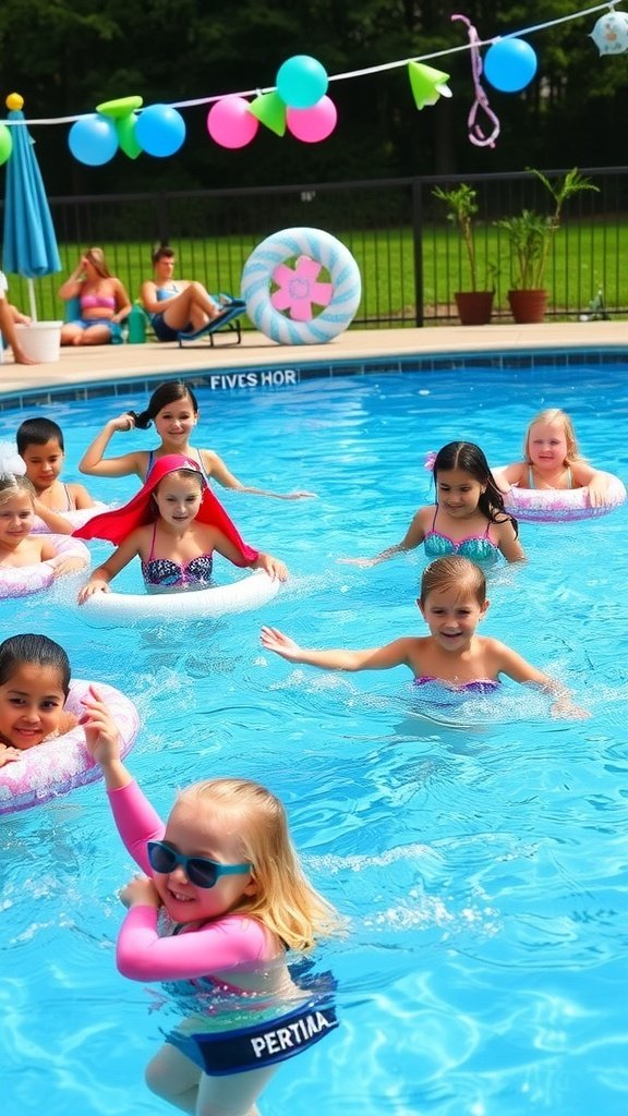 35 Magical Mermaid Party Ideas for an Under-the-Sea Celebration Children enjoying a colorful mermaid-themed pool party with floats and balloons.