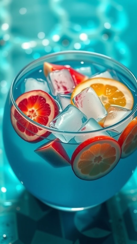 25 Creative Mermaid-Inspired Party Food Ideas A vibrant bowl of mermaid punch garnished with citrus slices and ice.