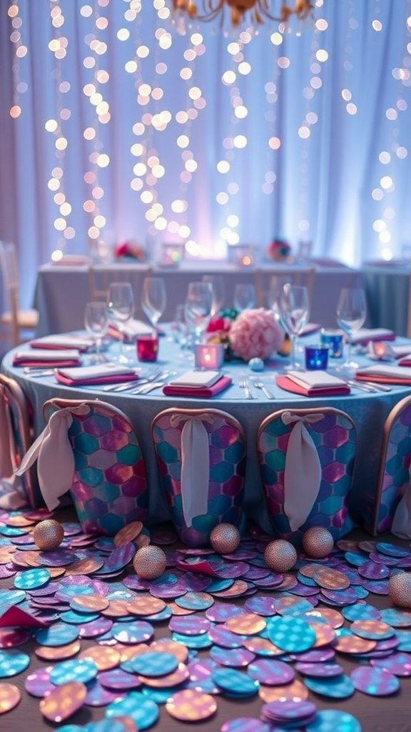 25 Stunning Mermaid Party Decoration Ideas for an Underwater Adventure Colorful mermaid scale confetti scattered on a table at a party