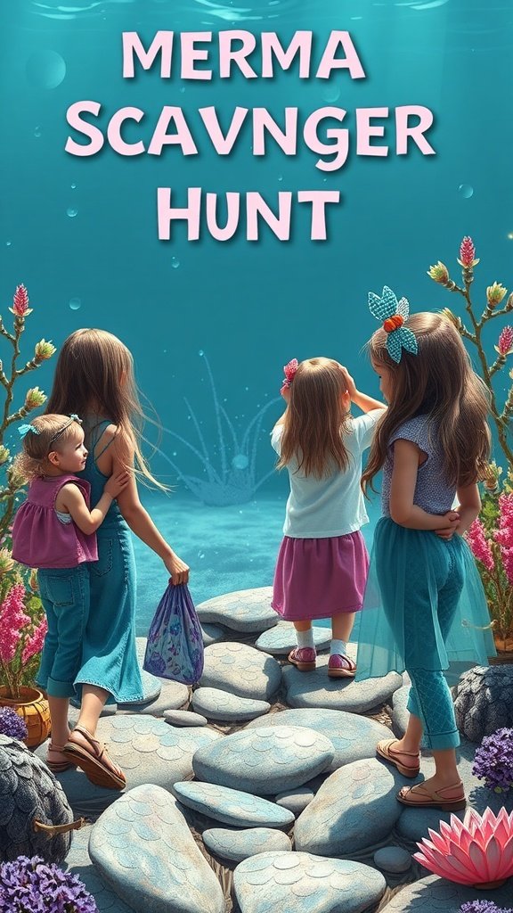 25 Enchanting Ideas for the Ultimate Mermaid-Themed Kids Party A group of children participating in a mermaid scavenger hunt, standing on colorful stones by the water, holding bags to collect treasures.