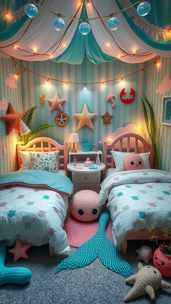 25 Enchanting Ideas for the Ultimate Mermaid-Themed Kids Party A vibrant bedroom decorated for a mermaid-themed slumber party with two beds, plush toys, and twinkling lights.