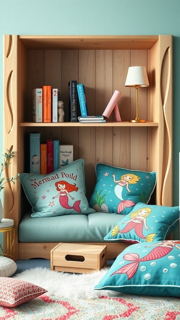 25 Enchanting Ideas for the Ultimate Mermaid-Themed Kids Party A cozy reading corner featuring mermaid-themed cushions and books.