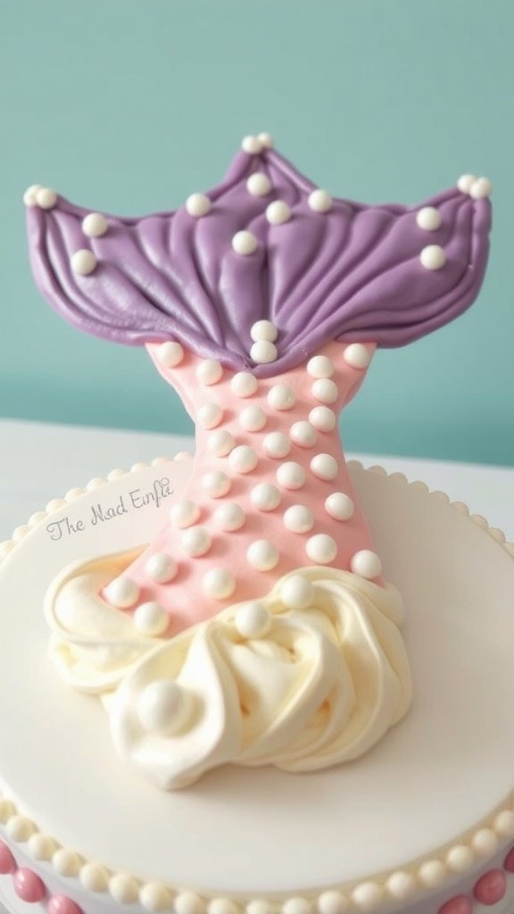 25 Enchanting Ideas for the Ultimate Mermaid-Themed Kids Party A beautifully decorated mermaid tail cake with purple and pink colors, adorned with white pearls, resting on a white cake base.