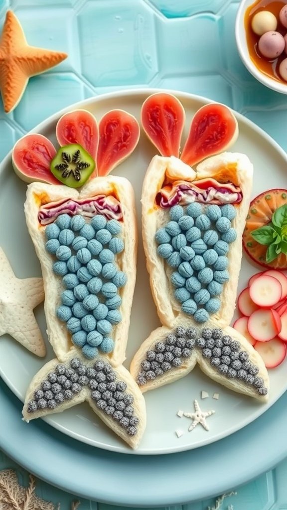 25 Creative Mermaid-Inspired Party Food Ideas Colorful mermaid tail sandwiches decorated with candy pearls and fresh vegetables.