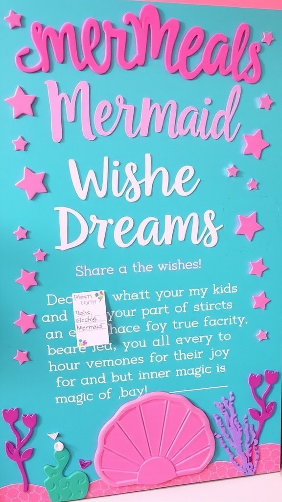 35 Magical Mermaid Party Ideas for an Under-the-Sea Celebration A colorful board with the word 'Wishes' and playful ocean-themed decorations