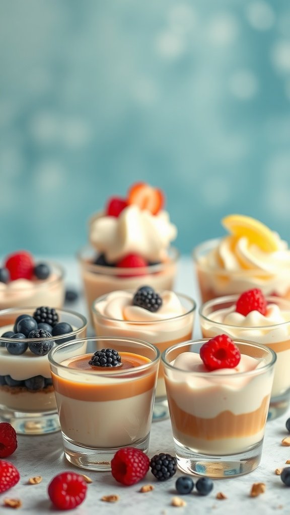 35 Stunning Grazing Table Ideas That Will Wow Your Guests (You Won't Believe #12!) A variety of mini dessert cups filled with different layers, topped with berries and whipped cream.