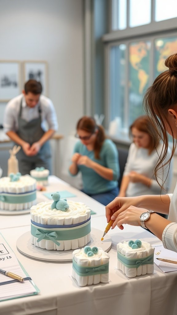 25 Creative Mini Diaper Cake Ideas for Baby Showers Participants crafting mini diaper cakes during a workshop.