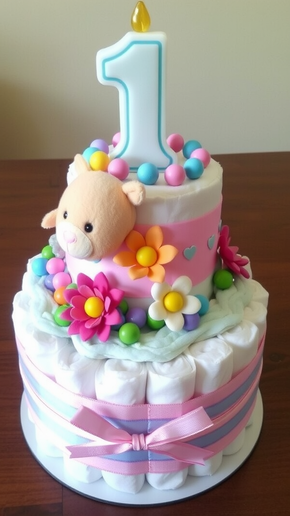 25 Creative Mini Diaper Cake Ideas for Baby Showers A beautifully decorated mini diaper cake for a first birthday, featuring colorful decorations, a '1' candle, and a plush toy.