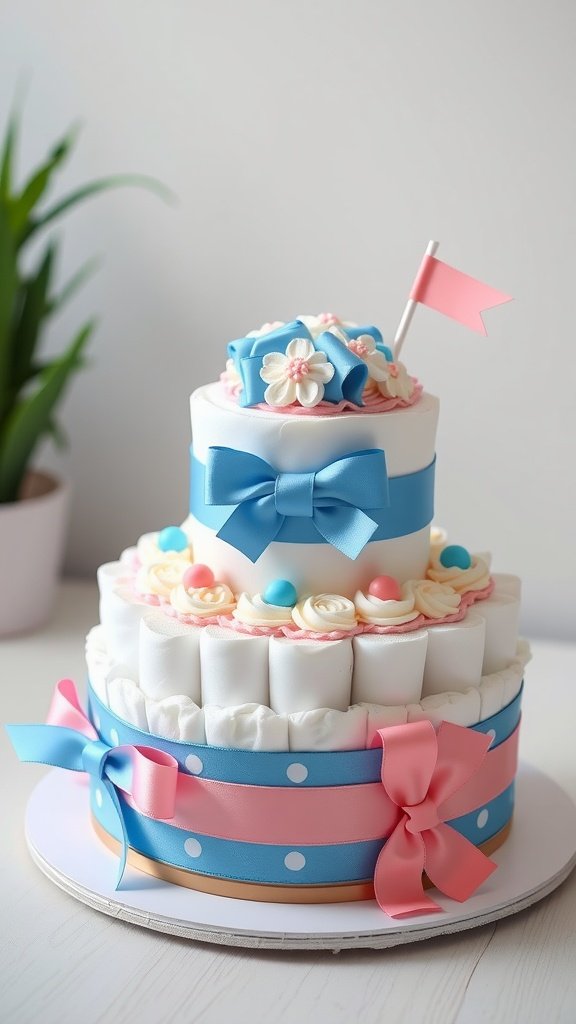 25 Creative Mini Diaper Cake Ideas for Baby Showers A mini diaper cake with blue and pink ribbons, decorated with flowers and a small flag, set against a light background.