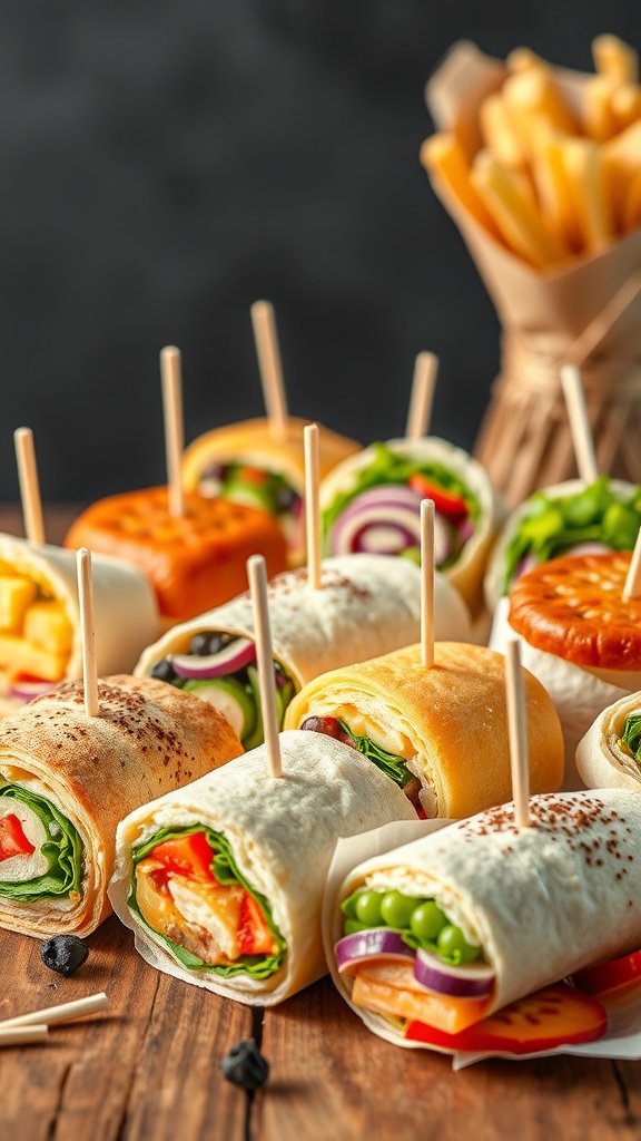 35 Stunning Grazing Table Ideas That Will Wow Your Guests (You Won't Believe #12!) An assortment of mini sandwiches and wraps on a wooden table, garnished with toothpicks.