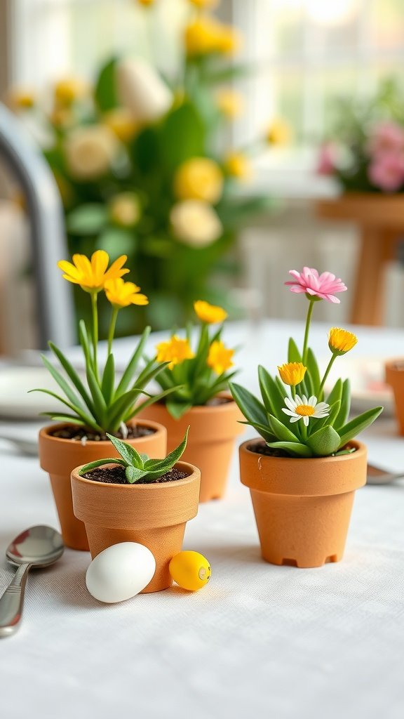 35 Easter Tablescape Ideas for a Festive Celebration Miniature flower pots with colorful flowers on a table, surrounded by Easter eggs.