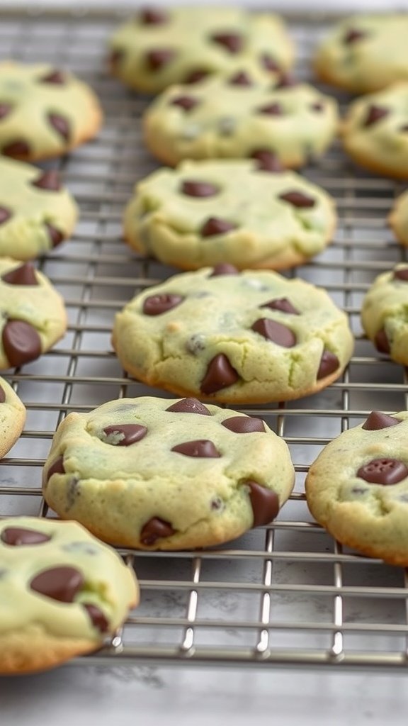 25 Delightful Easter Tea Party Cookies to Impress Your Guests Mint chocolate chip cookies on a cooling rack, showcasing their green hue and chocolate chips.