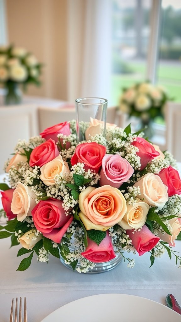 30 Stunning Baby's Breath Wedding Centerpieces for a Dreamy Celebration A vibrant mixed flower arrangement featuring pink and cream roses along with baby’s breath, set in a glass vase.