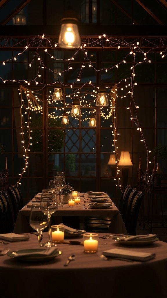 25 Stunning Valentines Table Decor Ideas That Will Make Your Dinner an Unforgettable Romance! A romantic dining setup featuring warm string lights and candles for mood lighting.