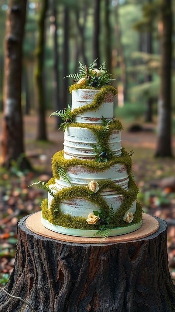 35 Enchanting Forest Wedding Cake Recipes for Your Dream Celebration A beautiful multi-layered wedding cake decorated with moss and ferns, fitting for a forest-themed celebration.