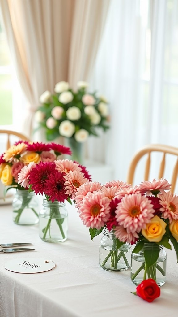 35 Stunning Fall Wedding Flowers That Will Make Your Guests Swoon! Table setting with colorful mum flower arrangements in glass jars for a fall wedding.