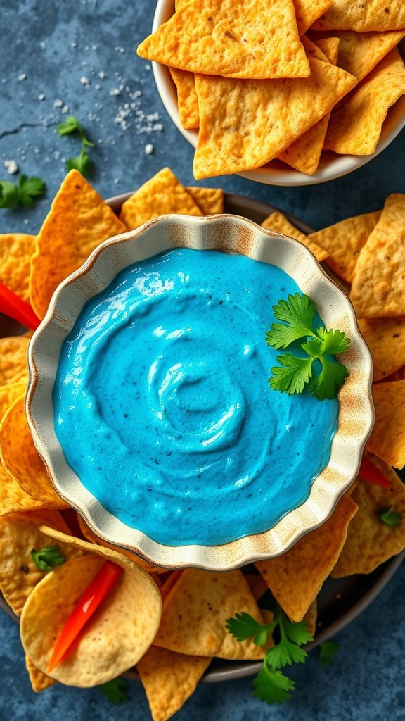 25 Creative Mermaid-Inspired Party Food Ideas A vibrant blue dip surrounded by tortilla chips, garnished with cilantro.