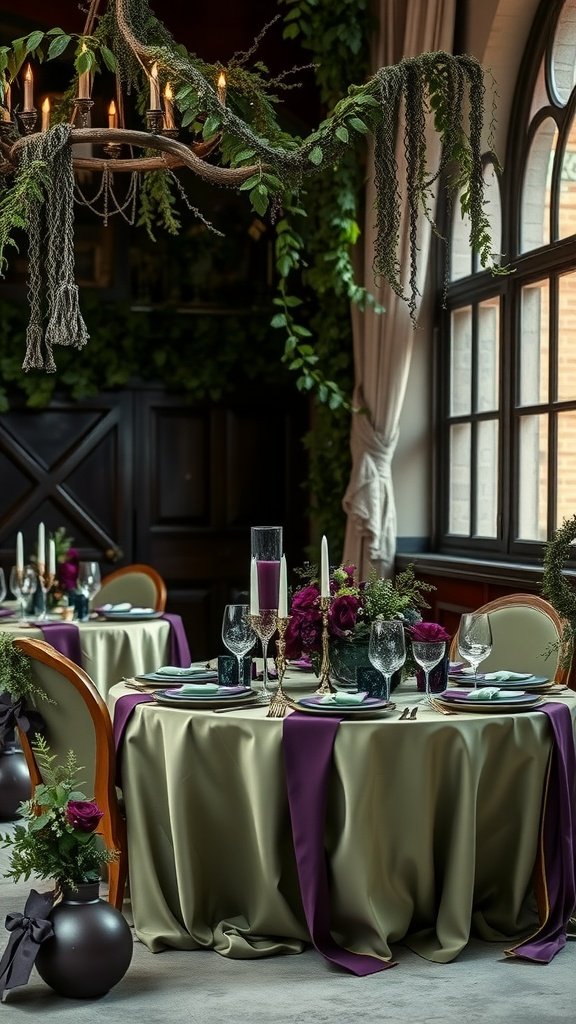35 Stunning Olive Green Wedding Theme Color Schemes A beautifully decorated wedding table featuring olive green and purple colors, with elegant floral arrangements and soft candlelight.