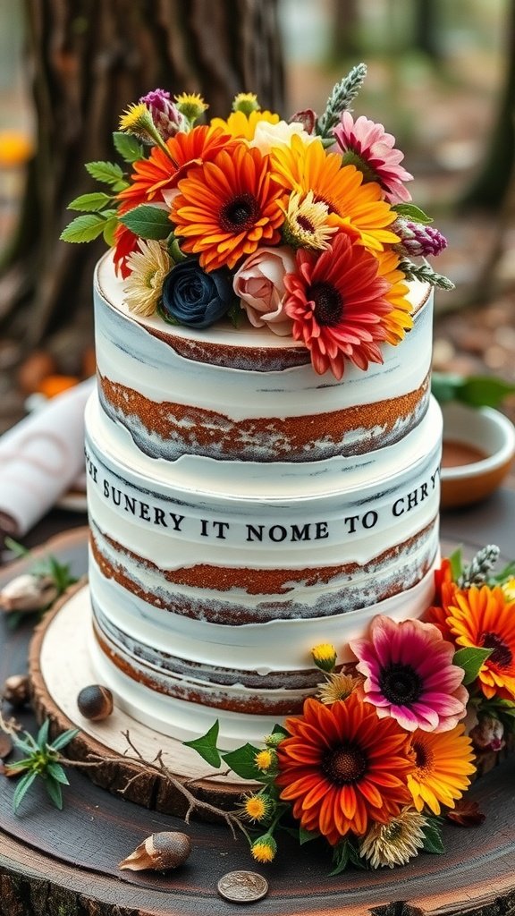 35 Enchanting Forest Wedding Cake Recipes for Your Dream Celebration A beautiful naked cake decorated with vibrant edible flowers, perfect for a forest wedding.