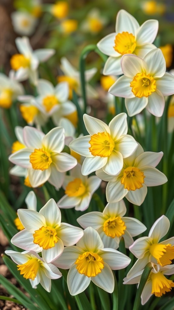 35 Enchanting Spring Wedding Flowers for Your Dream Celebration A close-up of Narcissus flowers with white petals and yellow centers blooming in a garden.