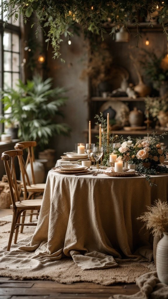 25 Beautiful Spring Wedding Color Palettes to Inspire Your Big Day A beautifully set wedding table with earthy tones, natural textures, and soft flowers, creating a warm and inviting atmosphere.