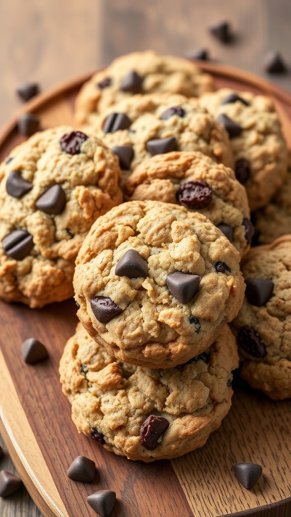 25 Delightful Easter Tea Party Cookies to Impress Your Guests Oatmeal raisin cookies with chocolate chips on a wooden platter.