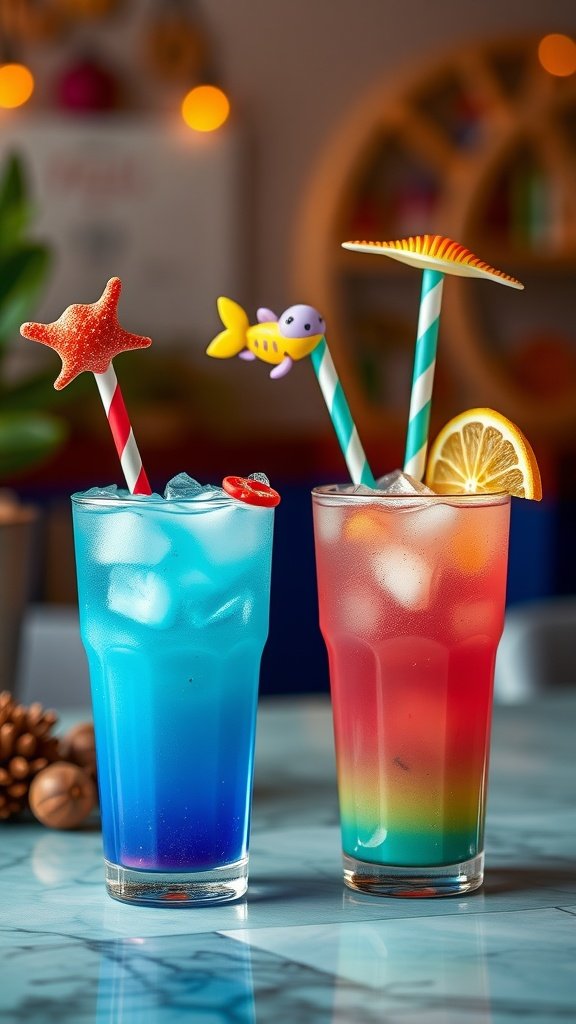 25 Enchanting Ideas for the Ultimate Mermaid-Themed Kids Party Two colorful ocean-inspired drinks with fun straws and garnishes.
