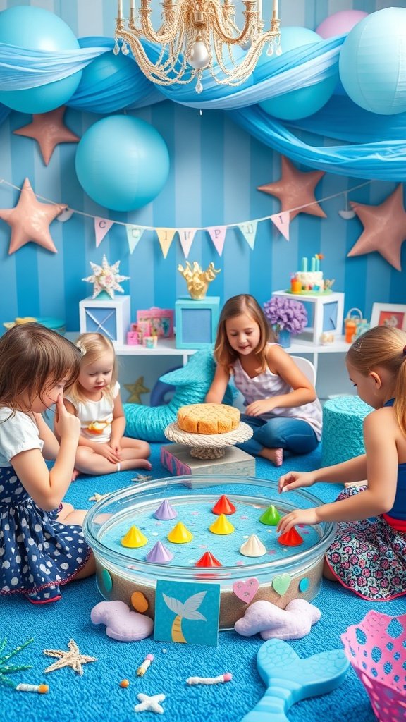 25 Enchanting Ideas for the Ultimate Mermaid-Themed Kids Party Kids playing an ocean-themed game at a mermaid party.